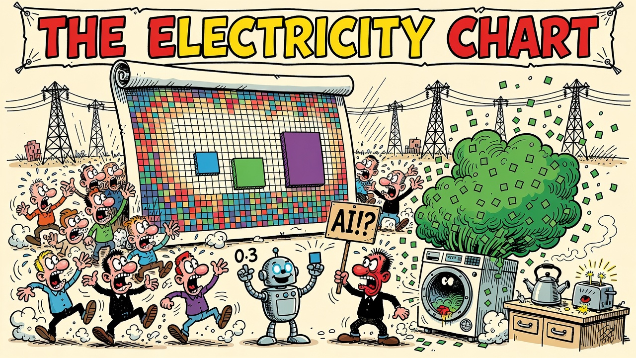 Sergio-Aragones-style cartoon: under a hand-lettered banner reading THE ELECTRICITY CHART, a crowd panics in front of a giant poster of colored squares while a tiny robot holds up one small blue square labeled 0.3 and a protester waves an AI!? sign, ignoring the clothes dryer beside him erupting a cloud of green squares.